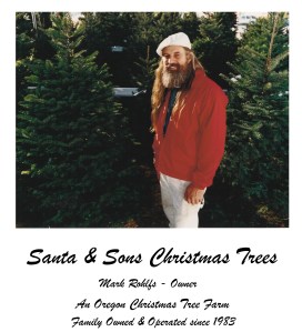 A man with long blond hair and a white hat between Christmas trees. He is wearing a red jacket and white pants.